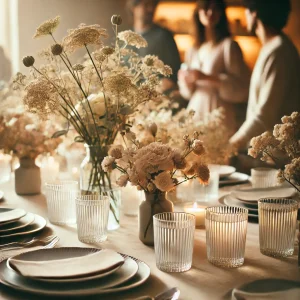 DALL·E 2025-03-11 14.29.10 - A beautifully arranged dining table set for an informal gathering. The table is adorned with delicate flowers in soft neutral tones, elegant tableware